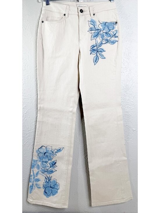 Coldwater Creek Denim - Coldwater Creek Sz 4 ( Actual 29x31) Beige Blue Flowers Bootcut Jeans EUC